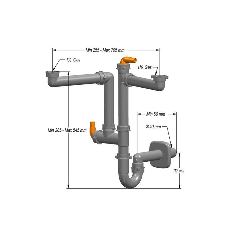 Siphon standard pour 2 cuves Max. 705mm - 2 raccords lave-vaisselle - SIF-1020-000 - Linum