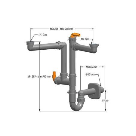 Siphon standard pour 2 cuves Max. 705mm - 2 raccords lave-vaisselle - SIF-1020-000 - Linum