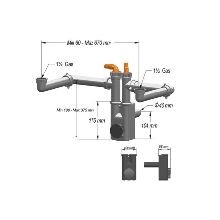 Accessoires &eacute;viers Siphon nettoyable pour 2 cuves jusqu'&agrave; 705 mm avec 2 raccords lave-vaisselle - SIF-2020-000 - Linum