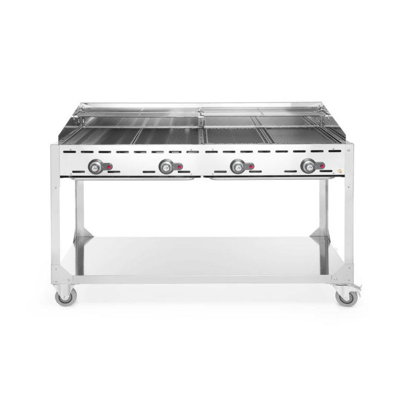 Barbecue professionnel &agrave; gaz Green Fire 4 br&ucirc;leurs, 22kW, sur roulettes, Profi Line - Hendi