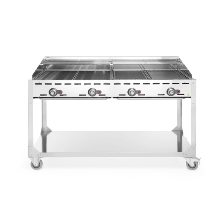 Barbecue professionnel &agrave; gaz Green Fire 4 br&ucirc;leurs, 22kW, sur roulettes, Profi Line - Hendi