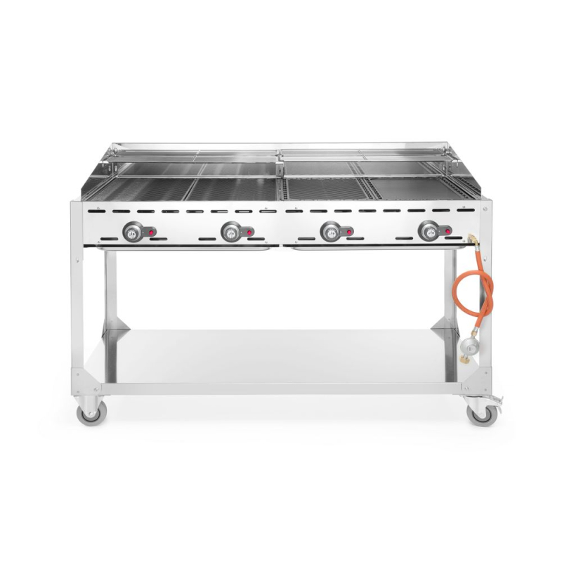 Barbecue professionnel &agrave; gaz Green Fire 4 br&ucirc;leurs, 22kW, sur roulettes, Profi Line - Hendi