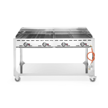 Barbecue professionnel &agrave; gaz Green Fire 4 br&ucirc;leurs, 22kW, sur roulettes, Profi Line - Hendi