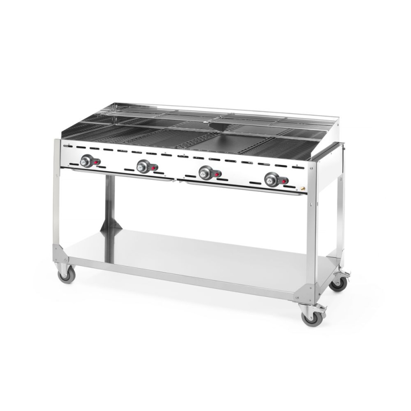 Barbecue professionnel &agrave; gaz Green Fire 4 br&ucirc;leurs, 22kW, sur roulettes, Profi Line - Hendi