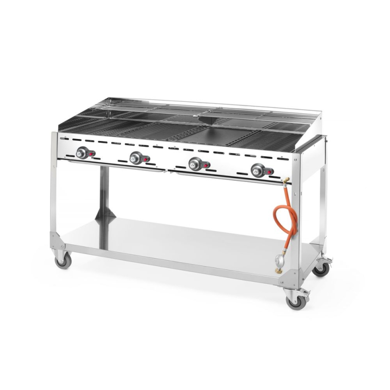 Barbecue professionnel &agrave; gaz Green Fire 4 br&ucirc;leurs, 22kW, sur roulettes, Profi Line - Hendi