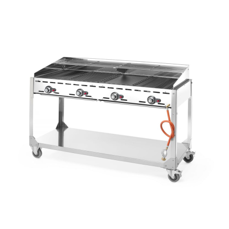 Barbecue professionnel &agrave; gaz Green Fire 4 br&ucirc;leurs, 22kW, sur roulettes, Profi Line - Hendi