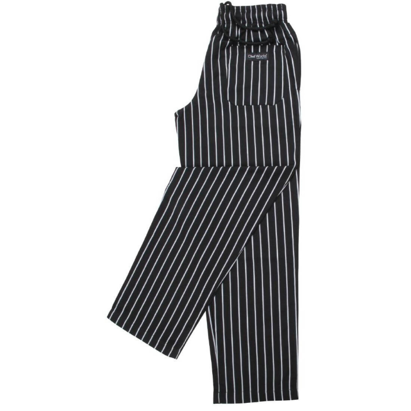Uniseks koksbroek Baggy Chef Works zwart-wit gestreept S - Gastronoble - A940-S