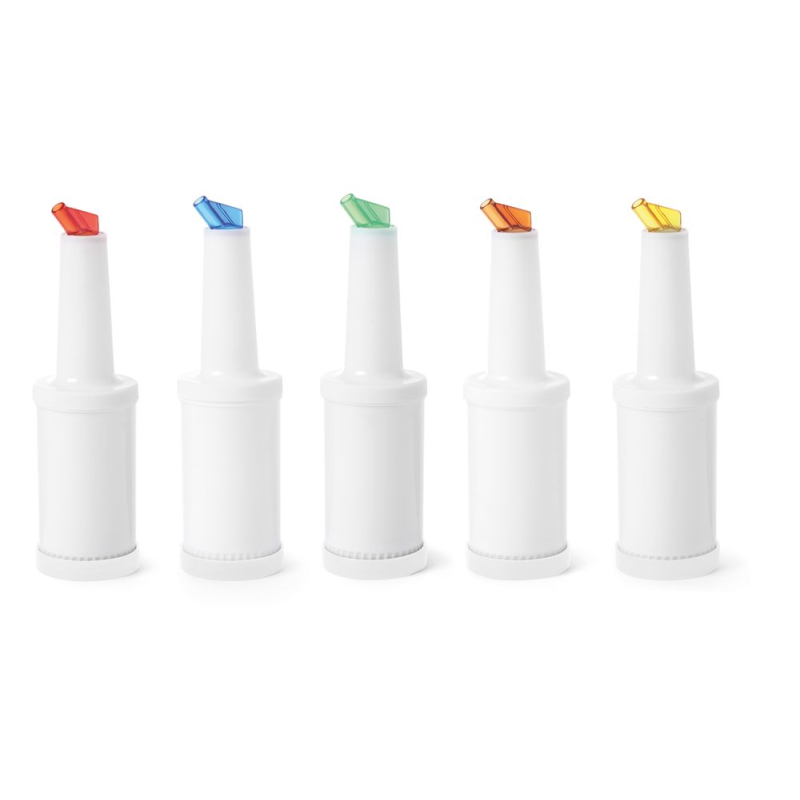 Flacon Verseur BarUp 0,8L pour Jus et Pr&eacute;-m&eacute;langes, 5 Becs Color&eacute;s, Blanc - Hendi