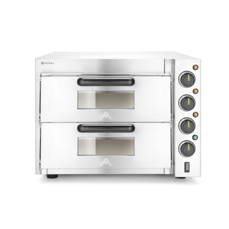 Four &agrave; pizza professionnel compact 2 chambres, 3000W, pierres r&eacute;fractaires, 350&deg;C, Argent - Hendi