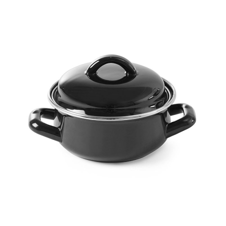Marmite &agrave; soupe/sauce &eacute;maill&eacute;e noire avec couvercle, 0,8L, ⌀140mm - Hendi