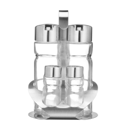 M&eacute;nag&egrave;re 4 pi&egrave;ces pour Huile, Vinaigre, Sel et Poivre, Acier Inox Poli Mat - Hendi