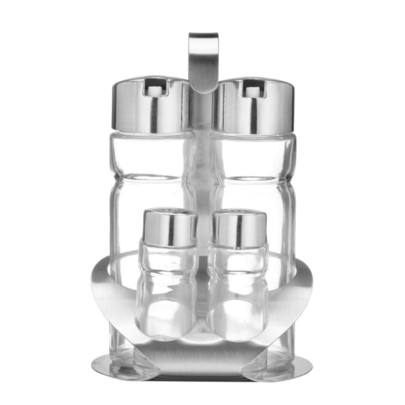 M&eacute;nag&egrave;re 4 pi&egrave;ces pour Huile, Vinaigre, Sel et Poivre, Acier Inox Poli Mat - Hendi