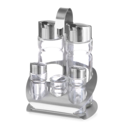 M&eacute;nag&egrave;re de table 5 pi&egrave;ces en inox pour sel, poivre, huile et vinaigre - Hendi