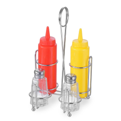 M&eacute;nag&egrave;re de Table Sel & Poivre avec Support Chrom&eacute; et Bouteilles Huile Vinaigre - Hendi