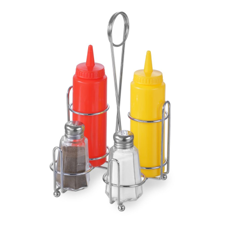 M&eacute;nag&egrave;re de Table Sel & Poivre avec Support Chrom&eacute; et Bouteilles Huile Vinaigre - Hendi