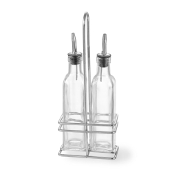 M&eacute;nag&egrave;re huile vinaigre 2 bouteilles verre verseurs inox, support fer chrom&eacute; - Hendi