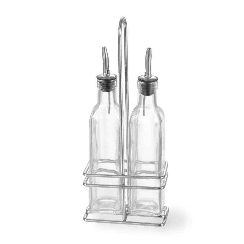 M&eacute;nag&egrave;re huile vinaigre 2 bouteilles verre verseurs inox, support fer chrom&eacute; - Hendi