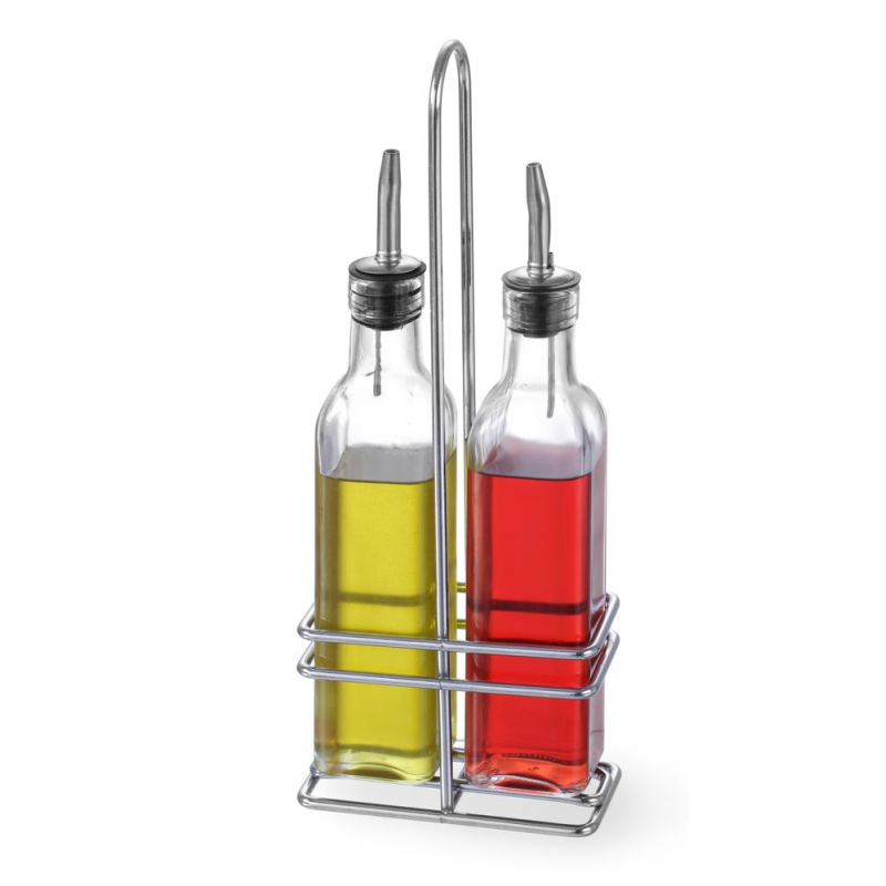 M&eacute;nag&egrave;re huile vinaigre 2 bouteilles verre verseurs inox, support fer chrom&eacute; - Hendi