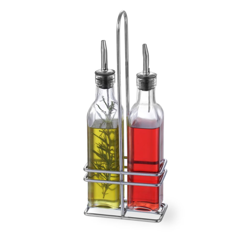 M&eacute;nag&egrave;re huile vinaigre 2 bouteilles verre verseurs inox, support fer chrom&eacute; - Hendi