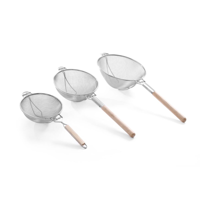 Passoire professionnelle double grillage inox avec poign&eacute;e en bois, 605x260x(H)120mm - Hendi