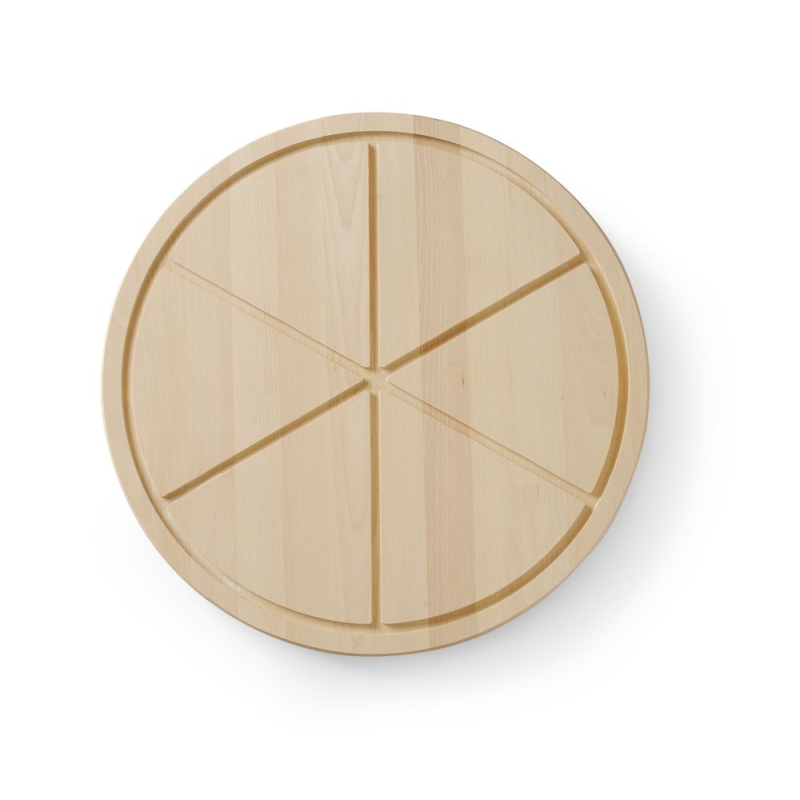 Planche &agrave; d&eacute;couper &agrave; pizza en bois de h&ecirc;tre, diam&egrave;tre 500mm, avec guides de coupe pour 6 parts - Hendi