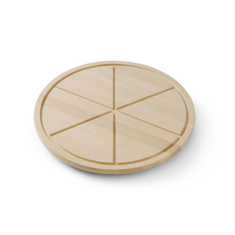 Planche &agrave; d&eacute;couper &agrave; pizza en bois de h&ecirc;tre, diam&egrave;tre 500mm, avec guides de coupe pour 6 parts - Hendi