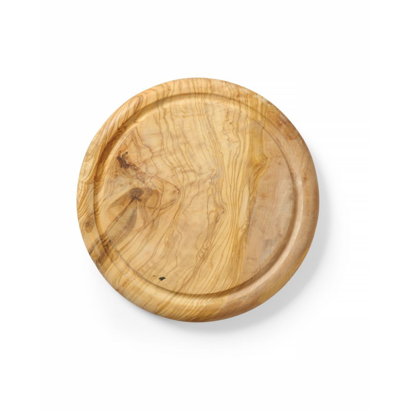 Planche &agrave; Servir en Bois d'Olivier, Ronde ⌀260mm, avec Rigole Anti-Goutte - Hendi