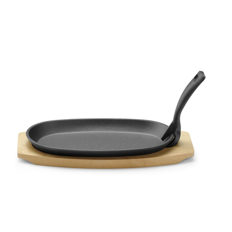 Plat en fonte noir avec dessous en bois et poign&eacute;e pince, 280x140mm - Hendi