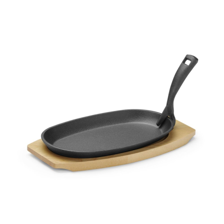 Plat en fonte noir avec dessous en bois et poign&eacute;e pince, 280x140mm - Hendi