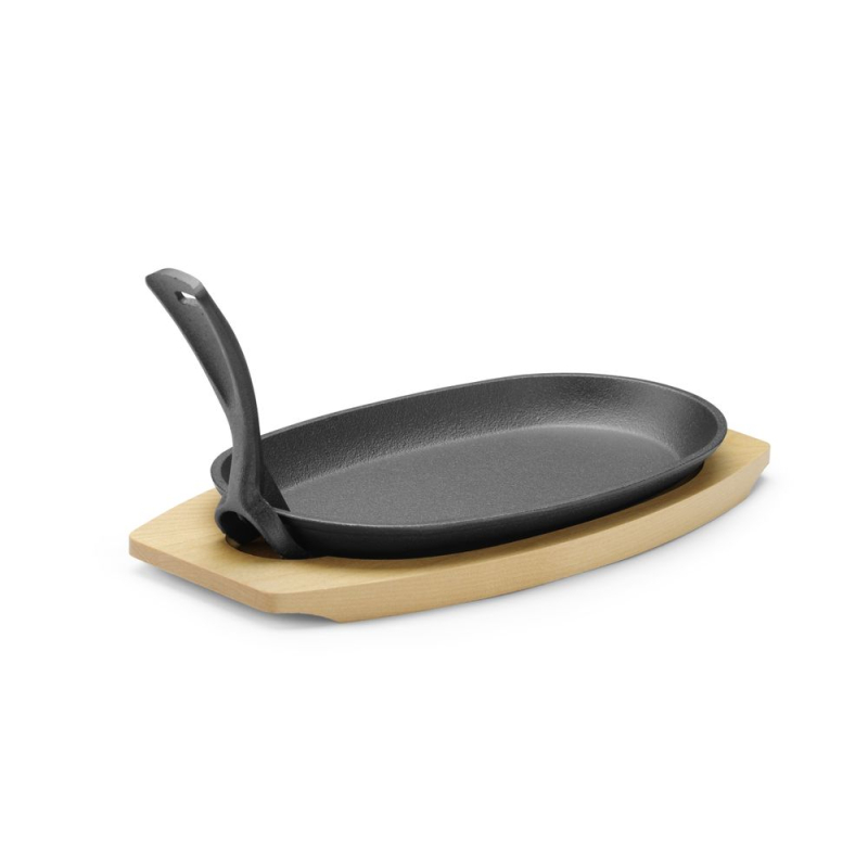 Plat en fonte noir avec dessous en bois et poign&eacute;e pince, 280x140mm - Hendi