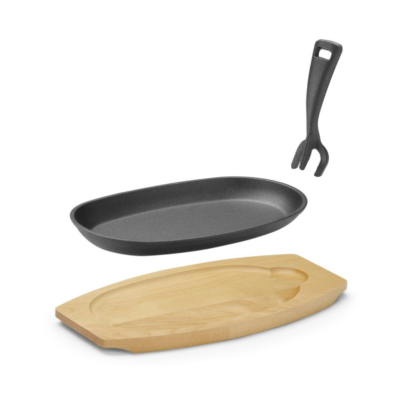 Plat en fonte noir avec dessous en bois et poign&eacute;e pince, 280x140mm - Hendi