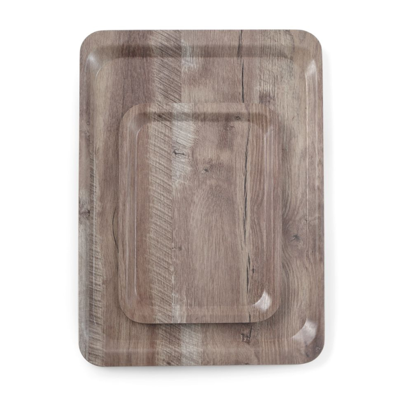 Plateau de service rectangulaire en m&eacute;lamine effet bois fonc&eacute; 370x530mm - Hendi