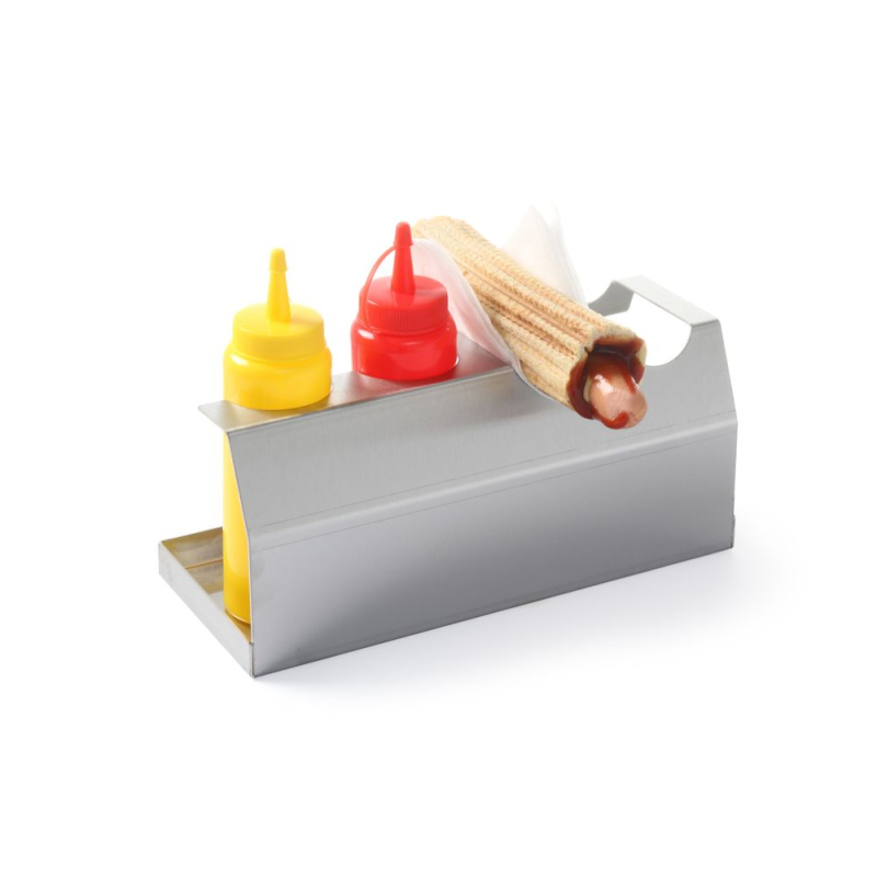 Support Distributeur Hot-Dog et Flacons Sauce, Acier Inoxydable, 2 Pains et 2 Flacons, 260x110x118mm - Hendi