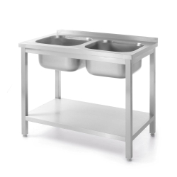Table de travail professionnelle inox avec 2 &eacute;viers et &eacute;tag&egrave;re 1000x600x(H)850mm - Hendi