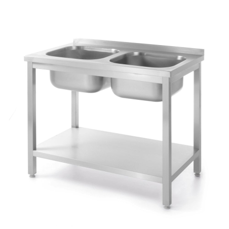Table de travail professionnelle inox avec 2 &eacute;viers et &eacute;tag&egrave;re 1000x600x(H)850mm - Hendi