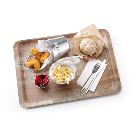 Plateau de service rectangulaire en m&eacute;lamine imprim&eacute; bois, 526x370mm - Hendi