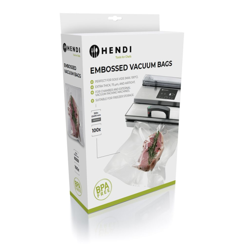 Sacs sous vide gaufr&eacute;s 300x400mm, 100 unit&eacute;s pour machines &agrave; chambre et externes - Hendi
