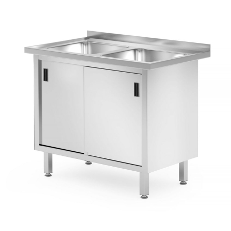 Table de travail Profi Line avec 2 &eacute;viers et placard portes coulissantes 1000x600x850mm - Hendi