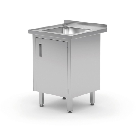 Table d&rsquo;&eacute;vier professionnelle en inox, placard soud&eacute; avec portes &agrave; charni&egrave;res, 600x700x(H)850mm - Hendi