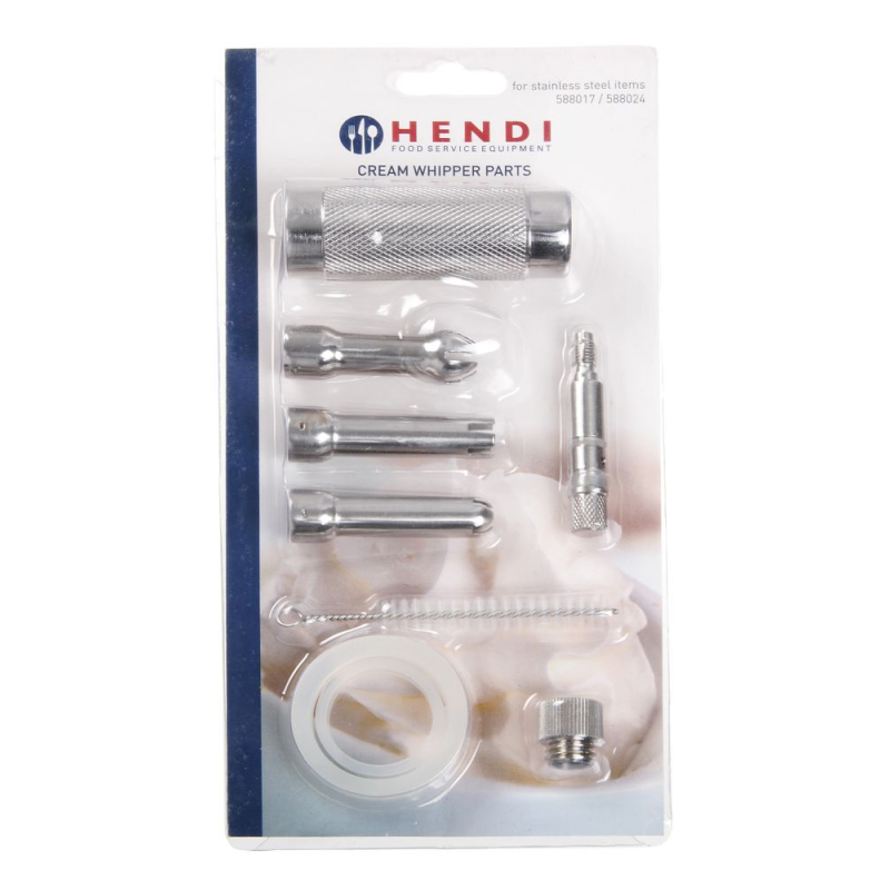 Set de pi&egrave;ces d&eacute;tach&eacute;es et accessoires pour siphon &agrave; chantilly, 3 douilles, porte-cartouche, joints, valve et brosse de nettoyag