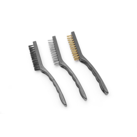 Jeu de 3 brosses m&eacute;talliques &eacute;troites pour nettoyage (inox, cuivre, nylon) - Hendi