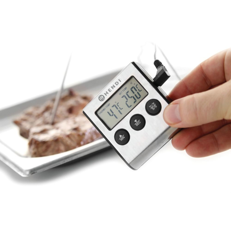 Thermom&egrave;tre-Minuteur Num&eacute;rique pour R&ocirc;tir et Cuisson, Sonde Inox 150mm, Plage -50&deg;C &agrave; 250&deg;C - Hendi