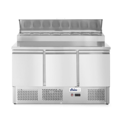 Saladette r&eacute;frig&eacute;r&eacute;e professionnelle 3 portes avec vitrine GN, 380L - Hendi