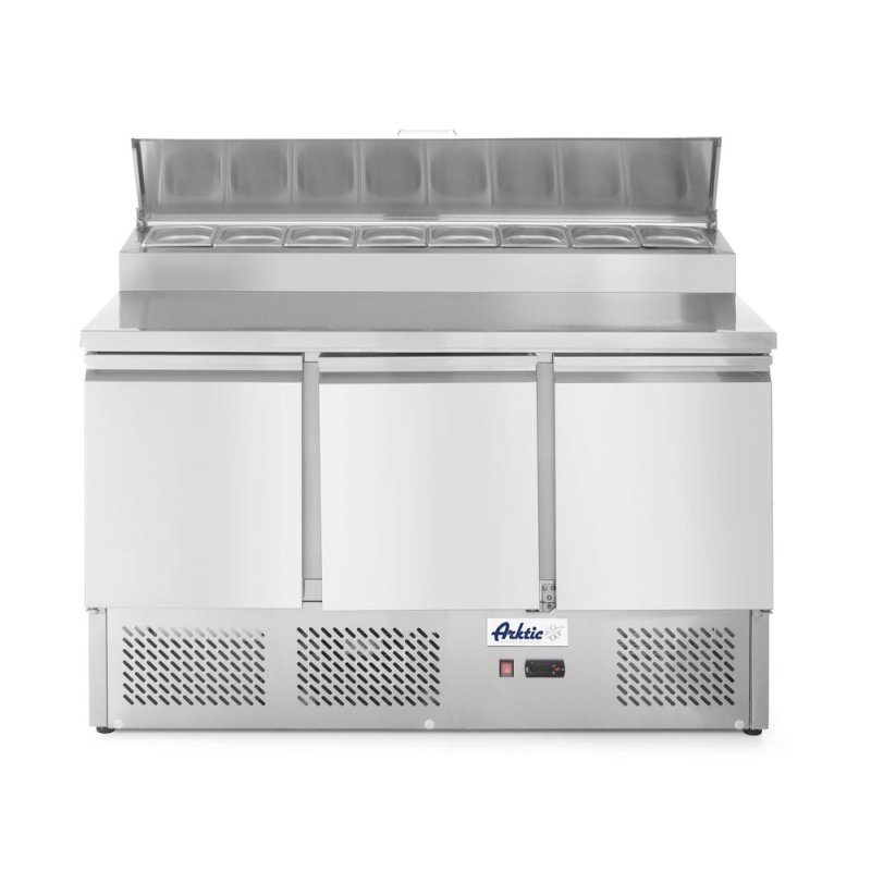 Saladette r&eacute;frig&eacute;r&eacute;e professionnelle 3 portes avec vitrine GN, 380L - Hendi