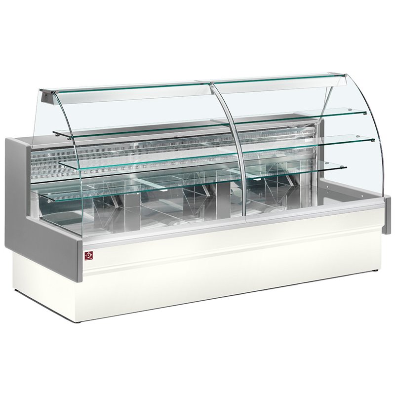 Comptoir vitrine r&eacute;frig&eacute;r&eacute;, statique, chargement &agrave; tiroirs, vitre courbe, sans r&eacute;serve - GRIS/BLANC - Diamond - VE14/E8-R2P