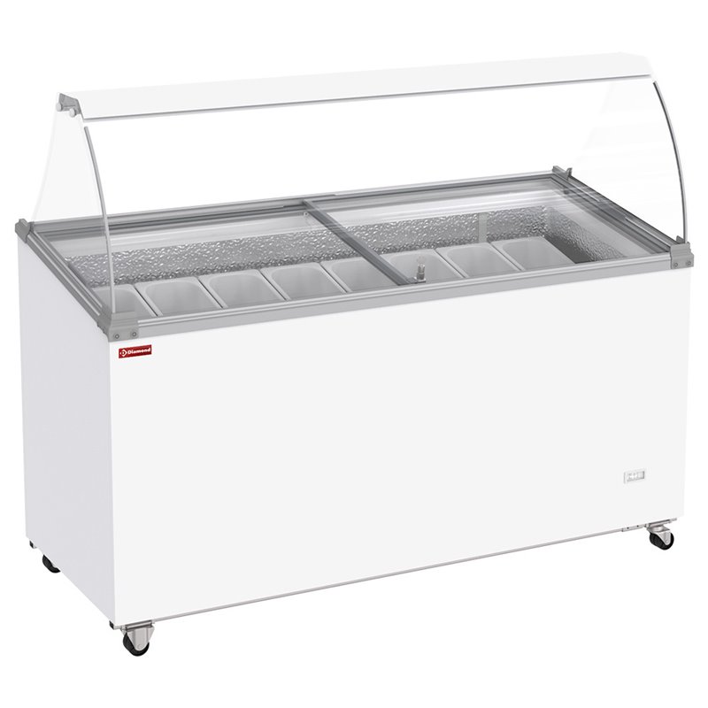 Conservateur comptoir &agrave; glaces, 467 litres, couvercles coulissants sur roulettes avec vitres bomb&eacute;es , capacit&eacute; 8 bacs  - Diamon
