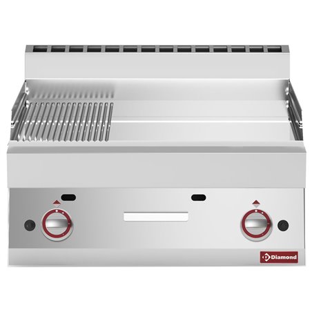 Plaque de cuisson &agrave; gaz 2/3 lisse - 1/3 rainur&eacute;e -Top- chrome dur "50 &micro;m" - Diamond - G65/PMCD7T-N