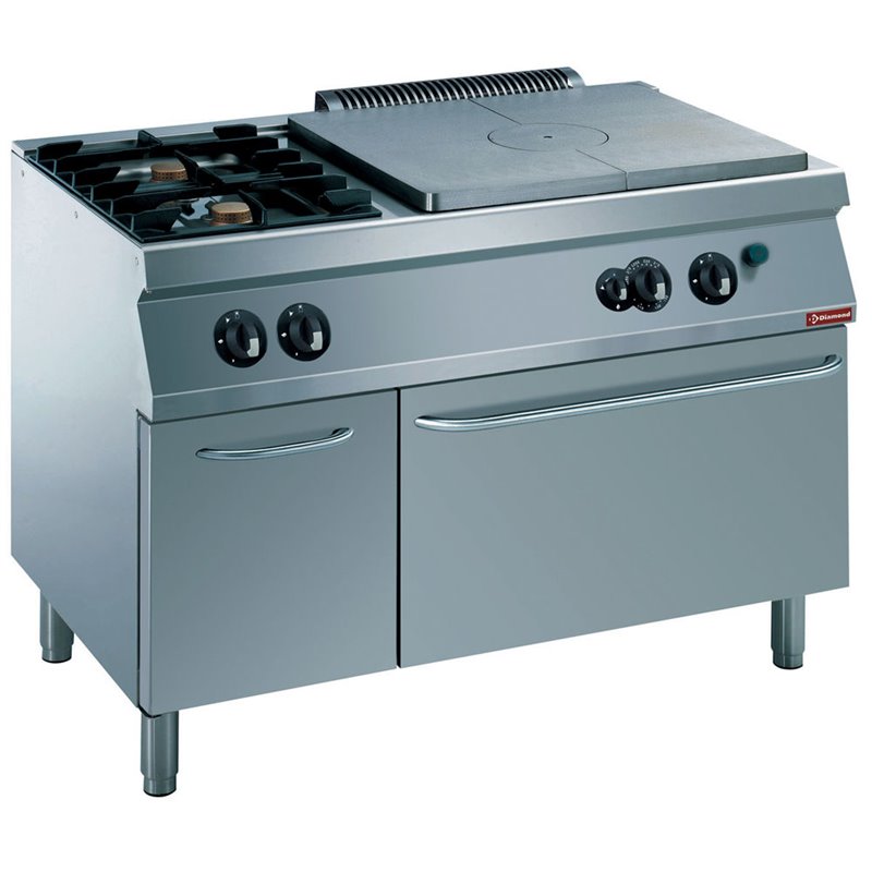 Fourneau 2 feux, 1 taque coup de feu, four gaz GN 2/1, armoire neutre - Diamond - G17/T2BFA12-N