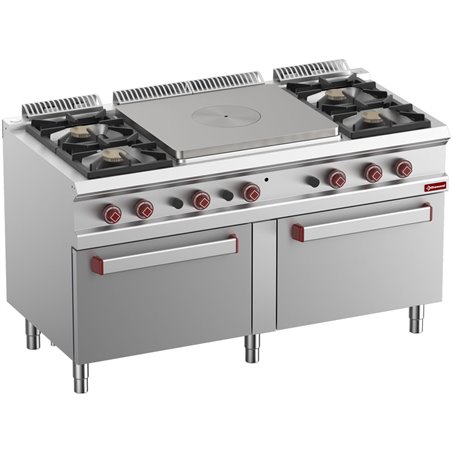 Fourneau  gaz 4 feux vifs, taque coup de feu centrale, 2 fours gaz GN 2/1 - Diamond - G7/T4B2F15-N