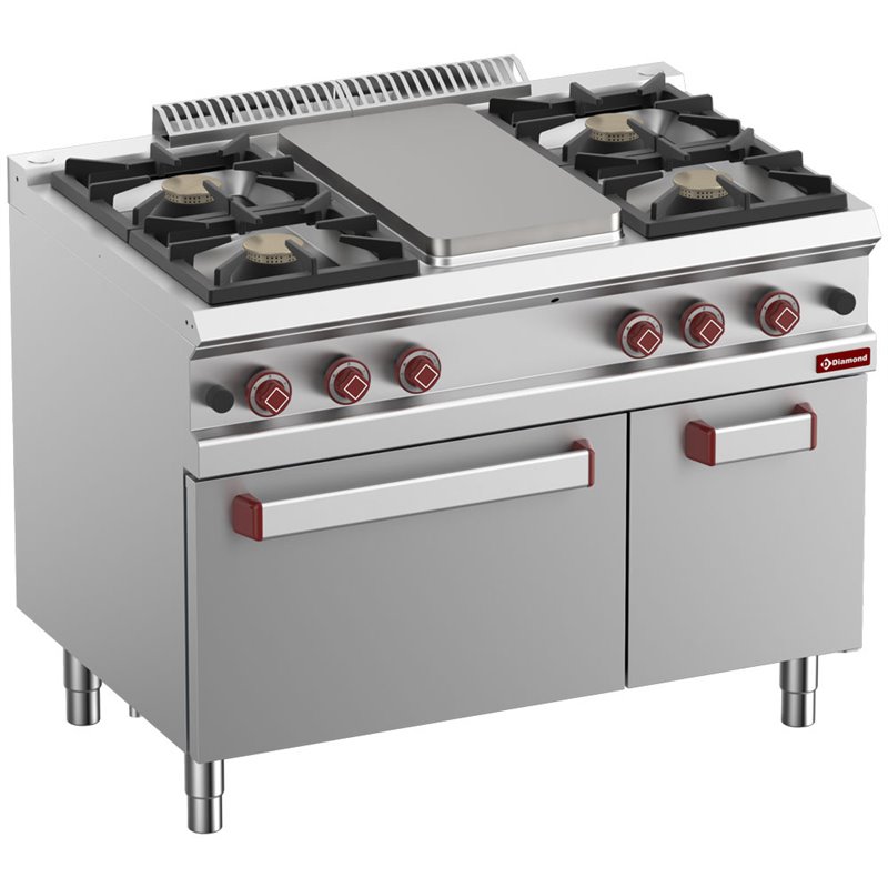 Fourneau 4 feux vifs, plaque &agrave; mijoter, four gaz GN 2/1, armoire GN 1/1 - Diamond - G7/TM4BFA11-N